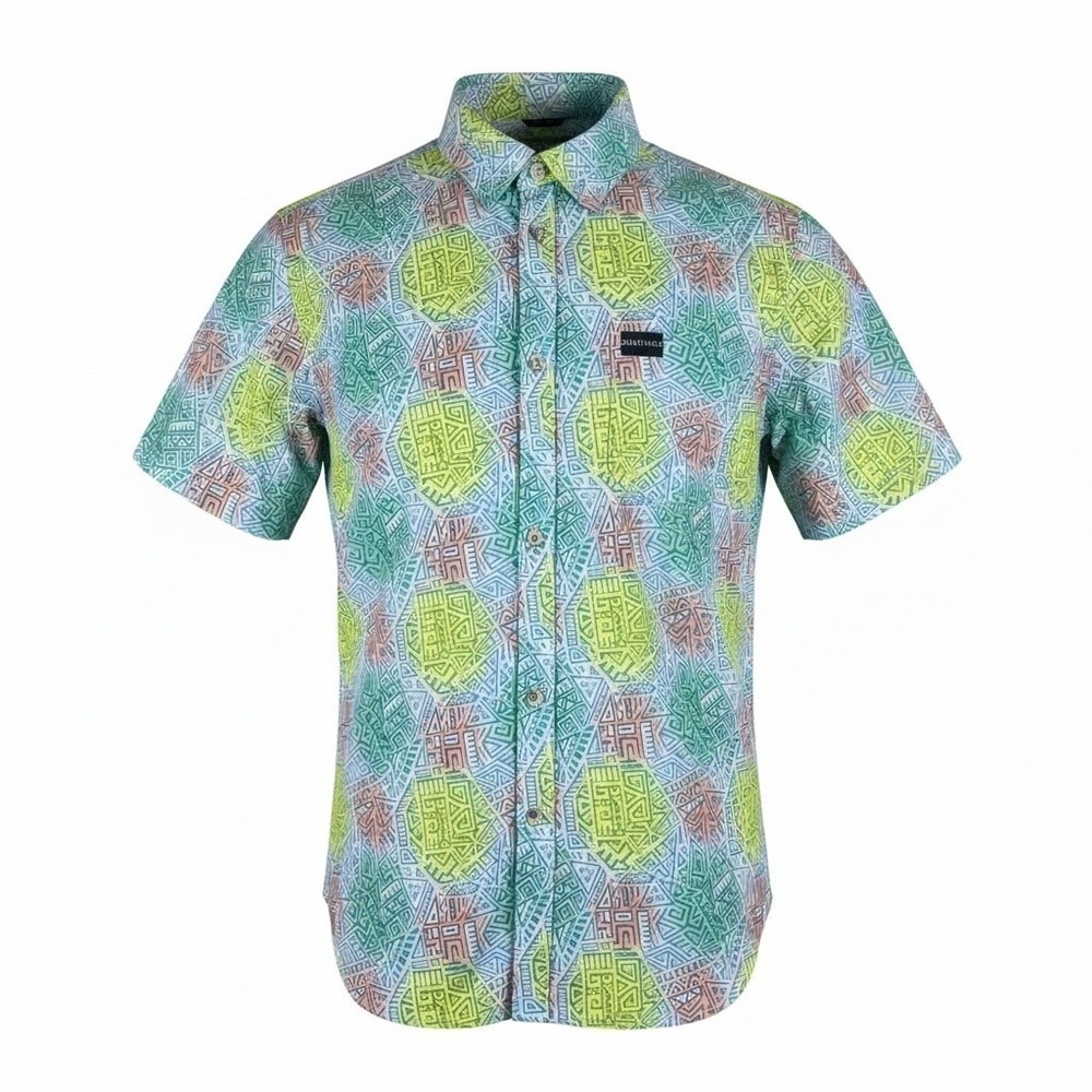 Burlebo Mens Geometric Tribal Print Short Sleeve Button Down Performance Shirt M